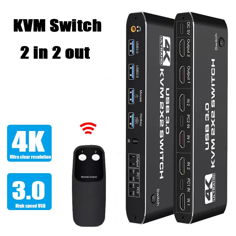 KVM-переключатель 2x2 USB, 4K, 60 Гц, двойной монитор KVM HDMI-совместимый Расширенный смешанный дисплей 2 в 2 выход для 2 компьютеров, обмен 2 мониторами