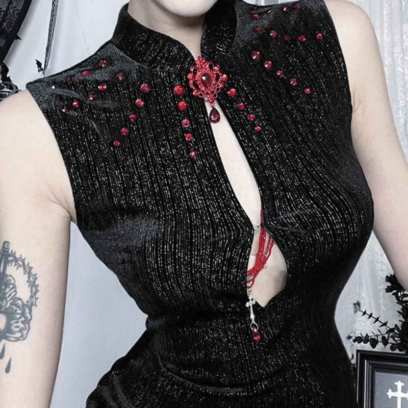 Gothic Dark Hot Girl Cheongsam Subculture Concert Women's Dress Original Design Sexy Hollow Out Sleeveless Long Dresses Ladies