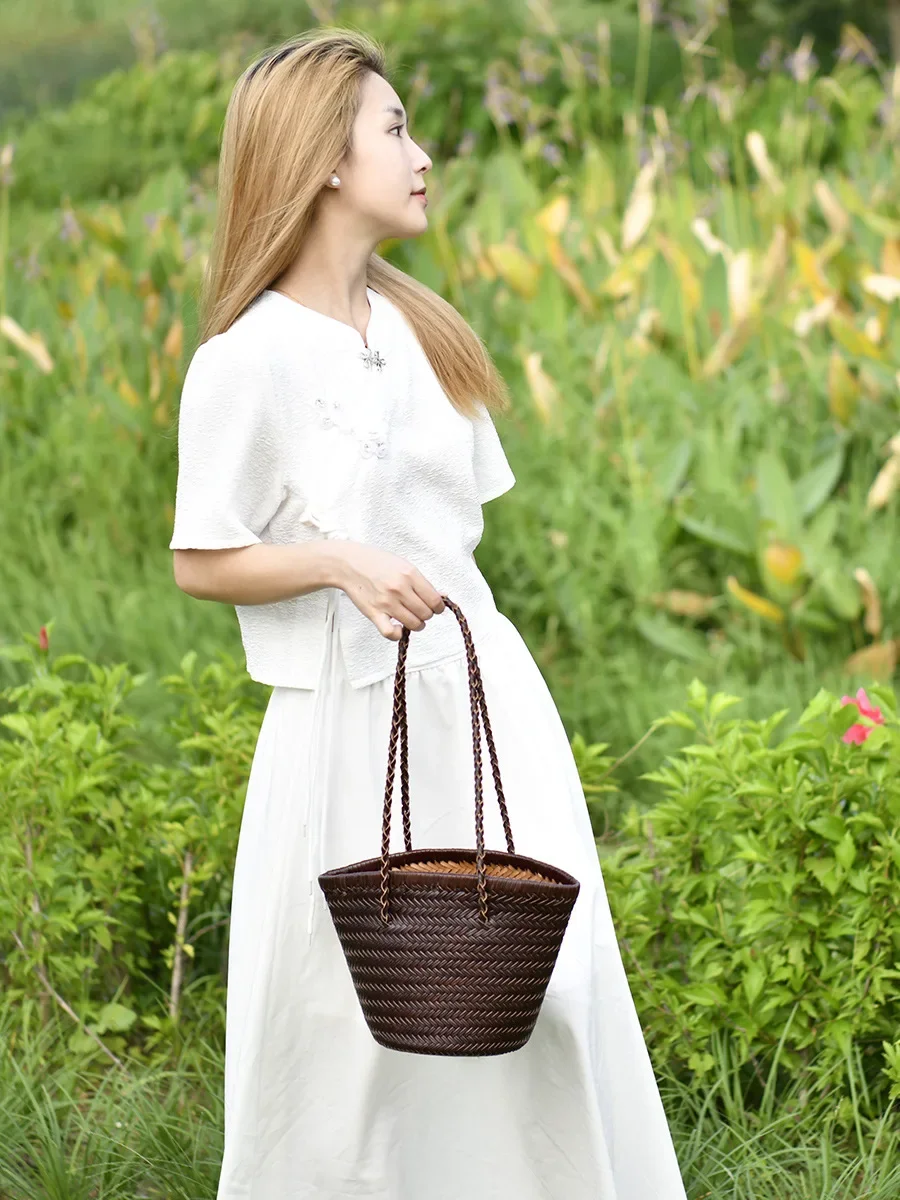 Top Quality cowhide leather handmade vegetable basket travel beach tote bag vintage genuine leather woven shoulder bag