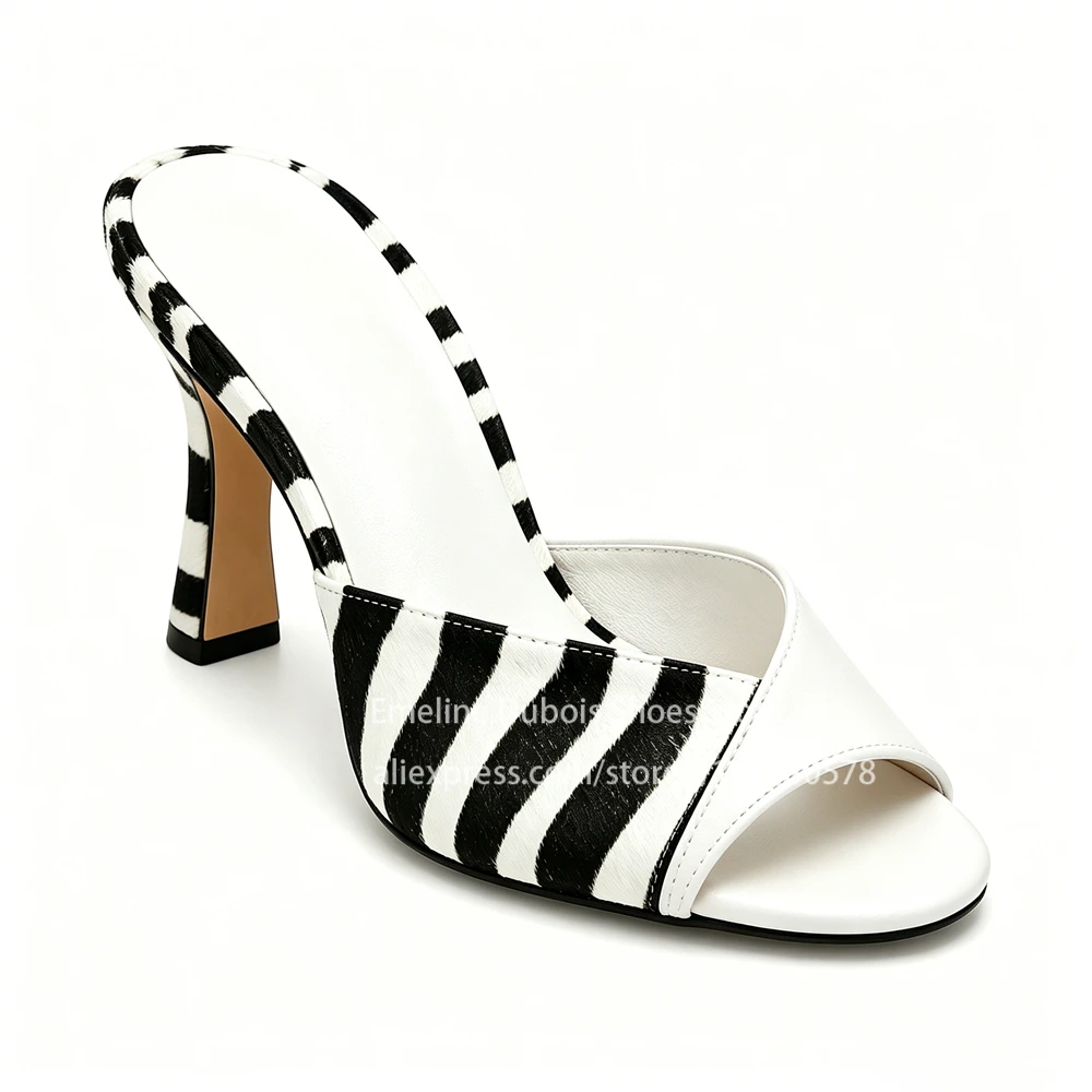 Zebra Print Peep Toe Mid Heel Mules Women Patent Leather Trim Kitten Heel Slippers Slip on Retro Streetwear Party Casual Shoes view 3