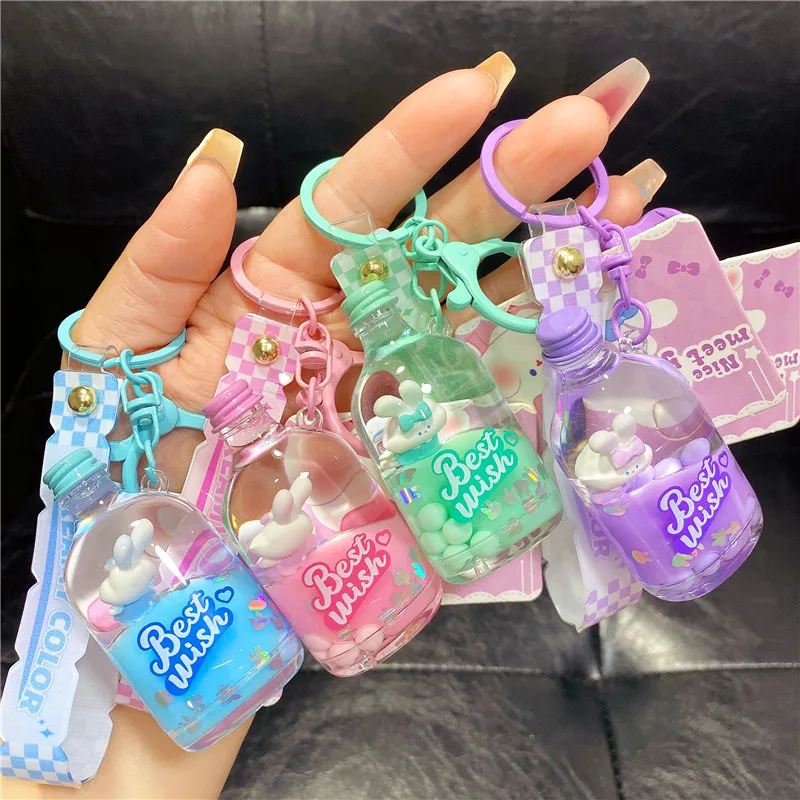 3pcs Cartoon Skew Head Rabbit Quicksand Bottle Liquid Key Chain Cute Floating Bunny Head Sequin Glycerin Bottle Keychain Pendant