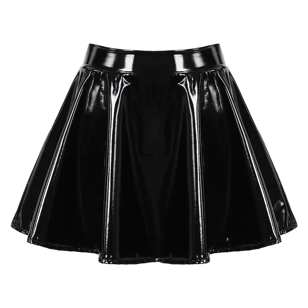 Women's A Line Skirt Glossy Patent Leather Flared Miniskirt Dance Performance Skirt Clubwear Cosplay Retro Style