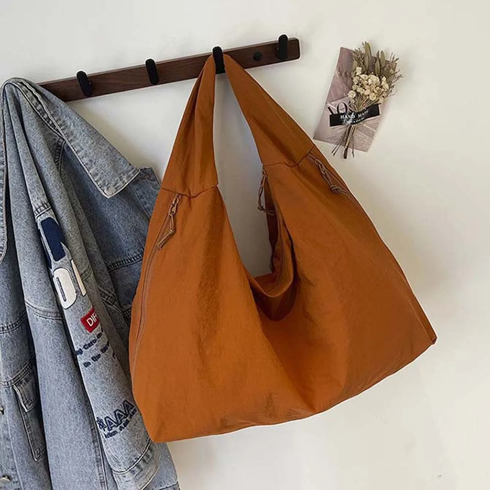 

Casual Nylon Shoulder Bag Multi-Pocket Double Zipper Design Large Capacity Tote Bag Solid Color Polyester