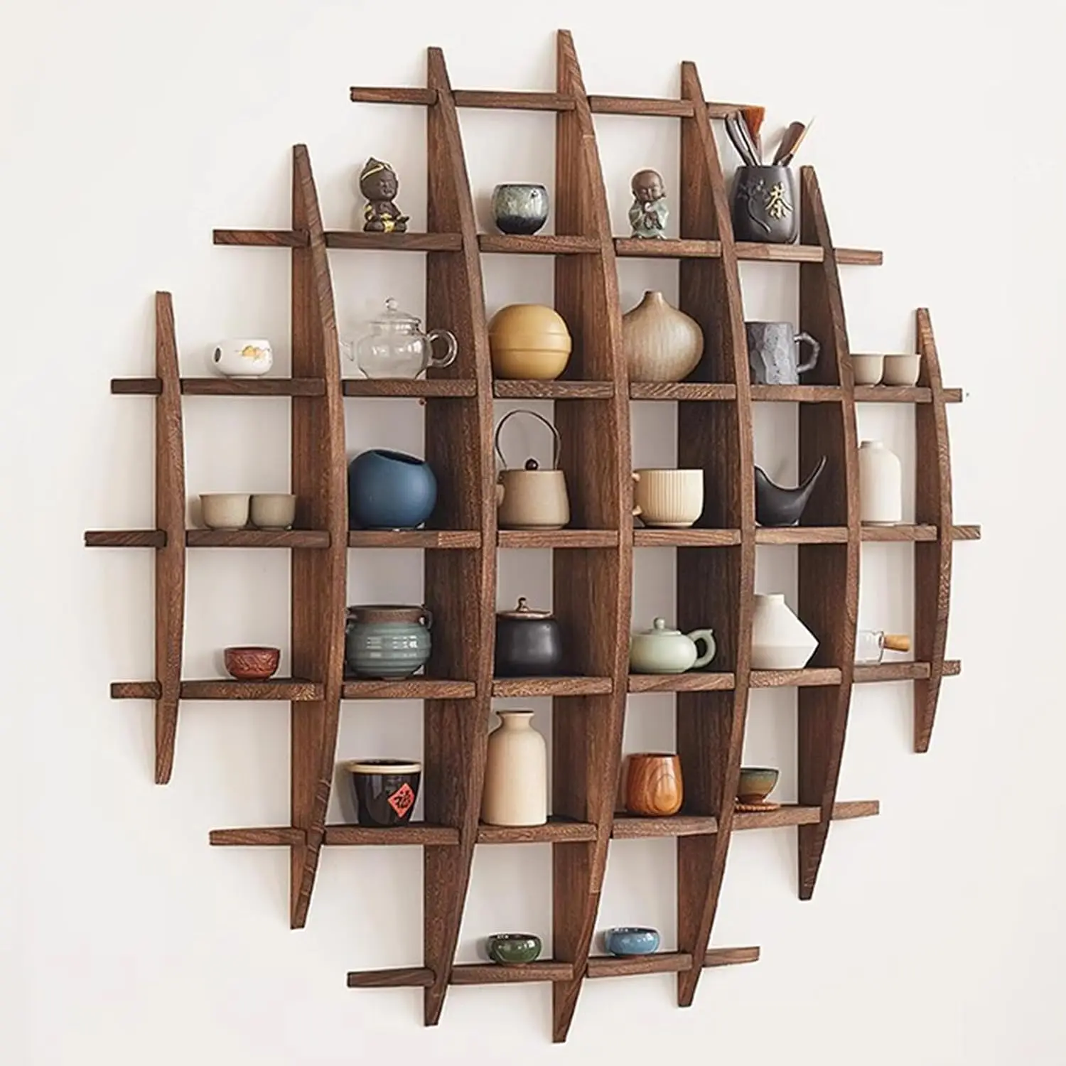 Solid Wood Chinese Tea Cup Holder Wall Mounted Teapot Display Stand Wall Decoration Teaware Shelf Storage Rack For Living Room Kitchen Office Commercial Dark Walnut Color