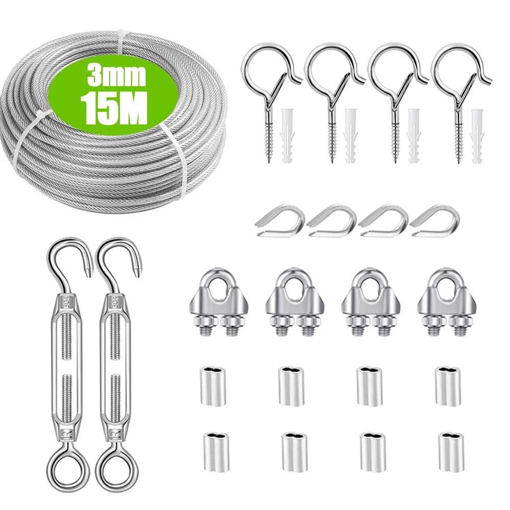 3mm Stainless Steel Wire Rope PVC Coating 15M Cable Suspension Kit for Fence Safety Protection Tent Sunshade