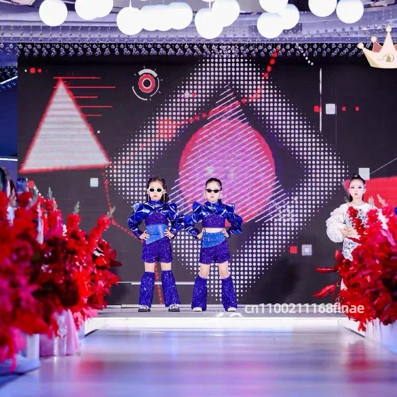 Kostium do jazzu dla dzieci z cekinami, strój na występ na scenie dla dziewcząt, niebieski garnitur, zestaw do hip-hopu dla dziewcząt z cekinami do tańca ulicznego