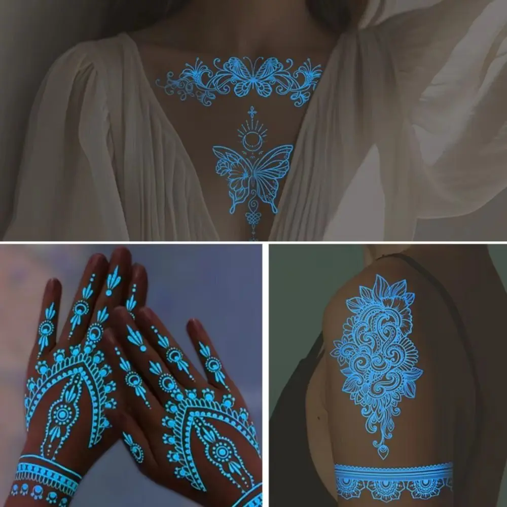 

6 Sheets Blue Luminous Henna Tattoo Stickers Lasting Sweatproof Mandala Temporary Tattoos Glow in the Dark Body Art
