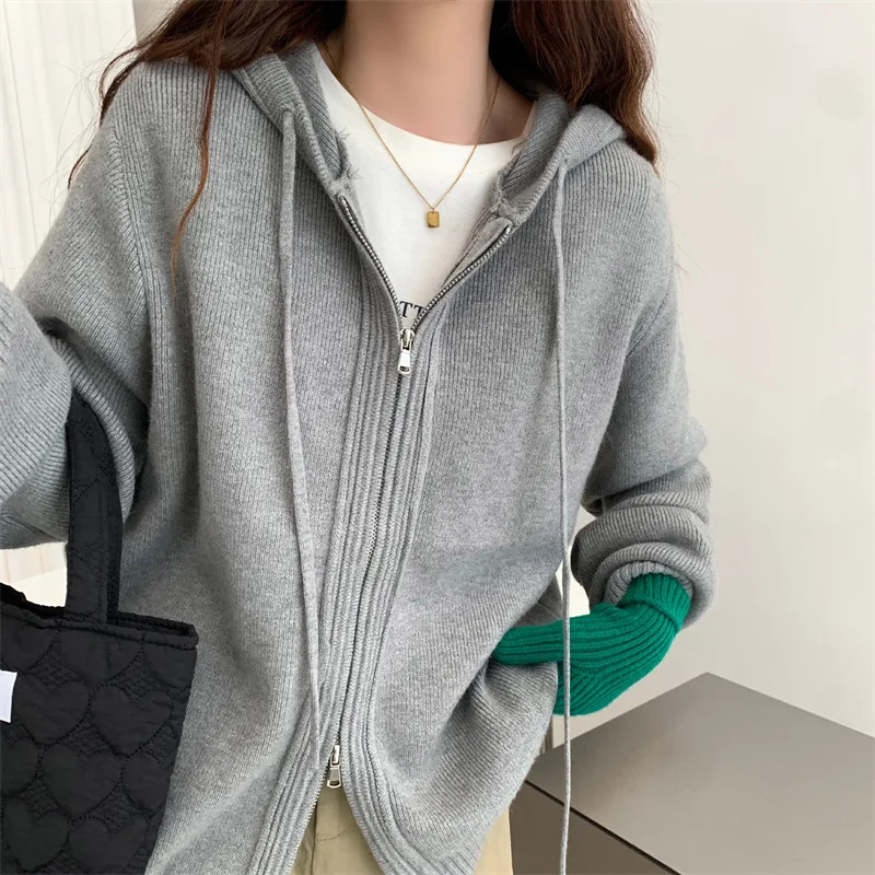 Gray Loose Hood Sweater Women Autumn Winter Fashion Korean Thickened Knitted Tops Double Zipper Hoodie Cardigan Female Y2K Coats