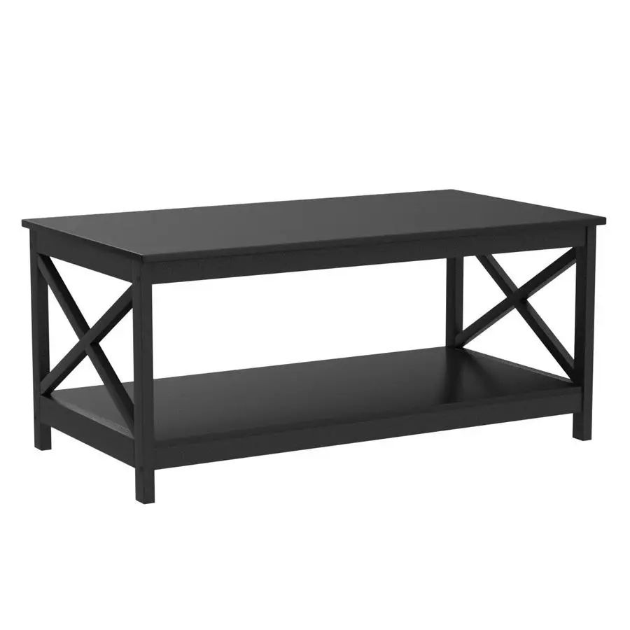 Wood 2Tier Black Coffee Table with Storage Shelf for Living Room, X Design Accent Cocktail Table, Easy Assembly Hom Customizable