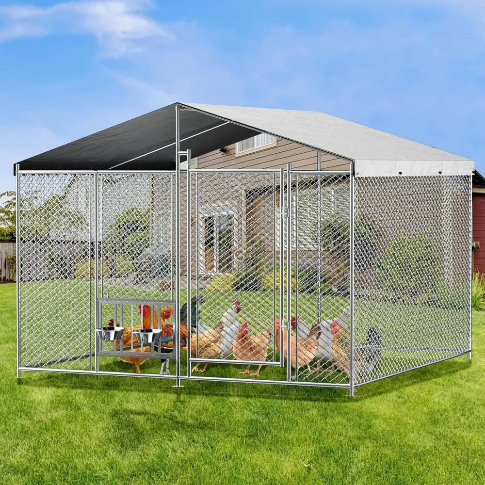 

Outside Metal Chicken Coop with Roof Large Dog Kennel with 2 Rotating Bowls and Updated Secure Lock Chicken Pen with Removable C