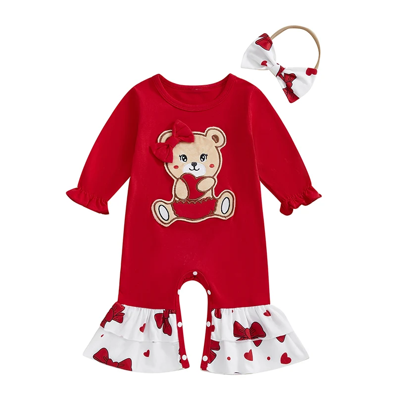 Cute Baby Girl Valentine’s Day Outfits Long Sleeve Bear Embroidery Ruffle Jumpsuit Headband Set Newborn Romper Overall Clothes