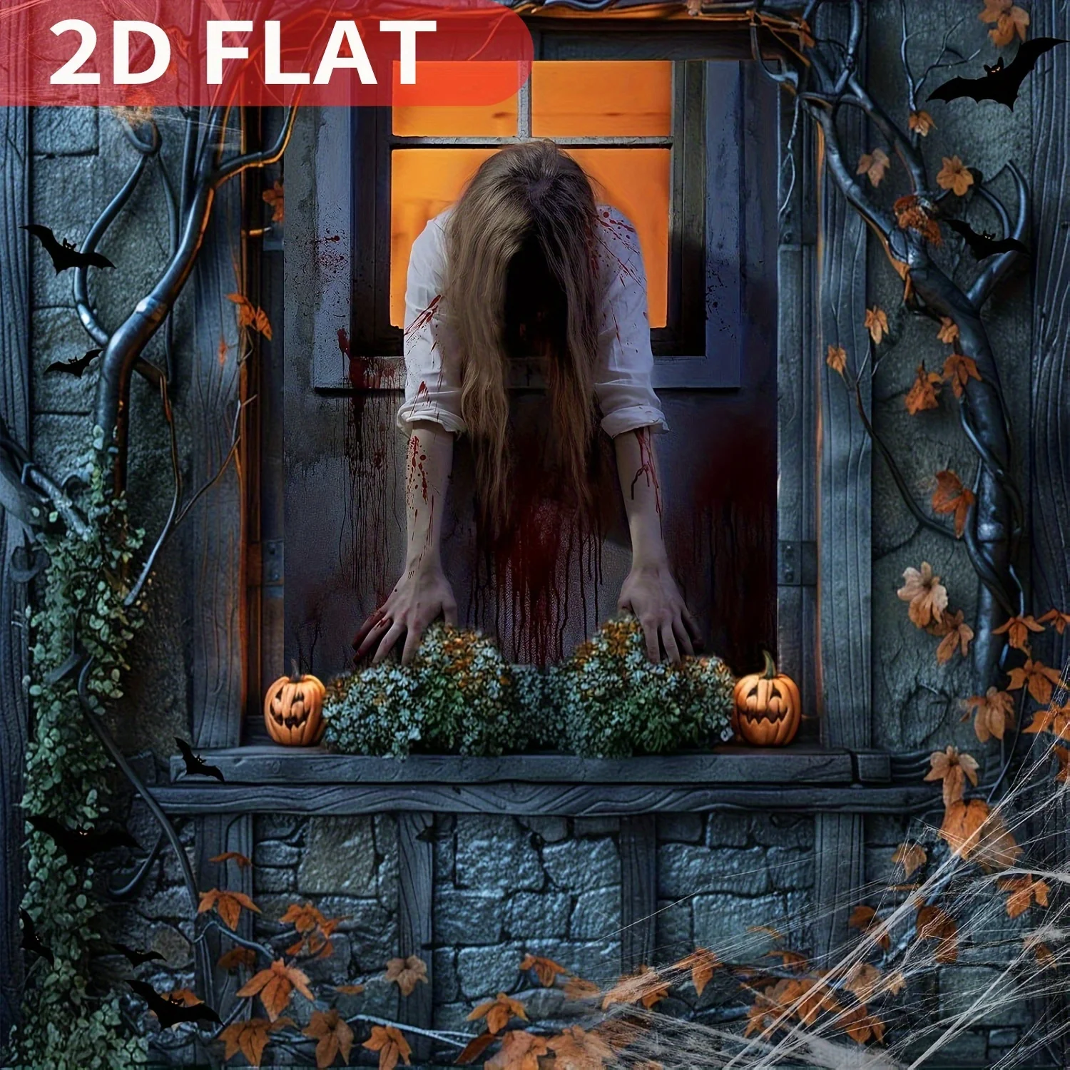 1pc Creepy Halloween Party Banner Scary Window Cover Clings 3X4FT, Party banners
