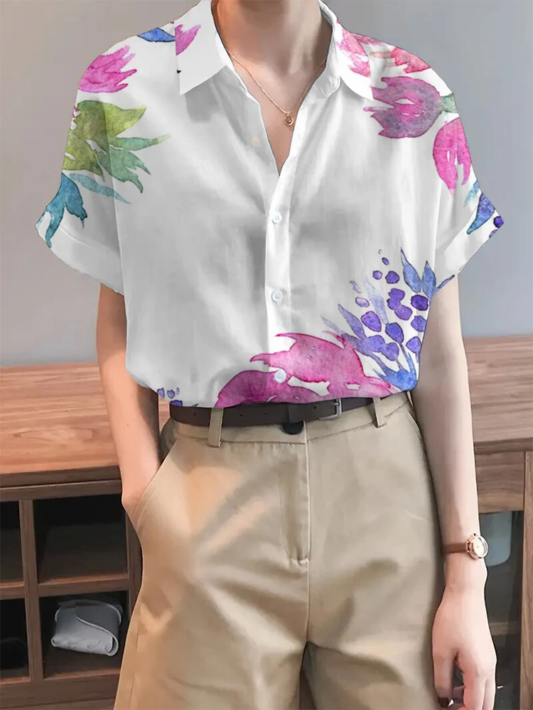 Summer Elegant Ladies Shirt Flip Collar Short Sleeve Printed Loose Shirt Daily Casual Women\'s Fabric Comfortable And Breathable