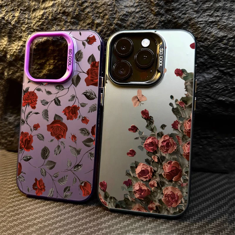 Retro Fashion Red Rose Matte Laser Phone Case For iPhone 11 12 13 14 15 16 Pro Max XS X XR 7 8 Plus SE Shockproof Armour Cover