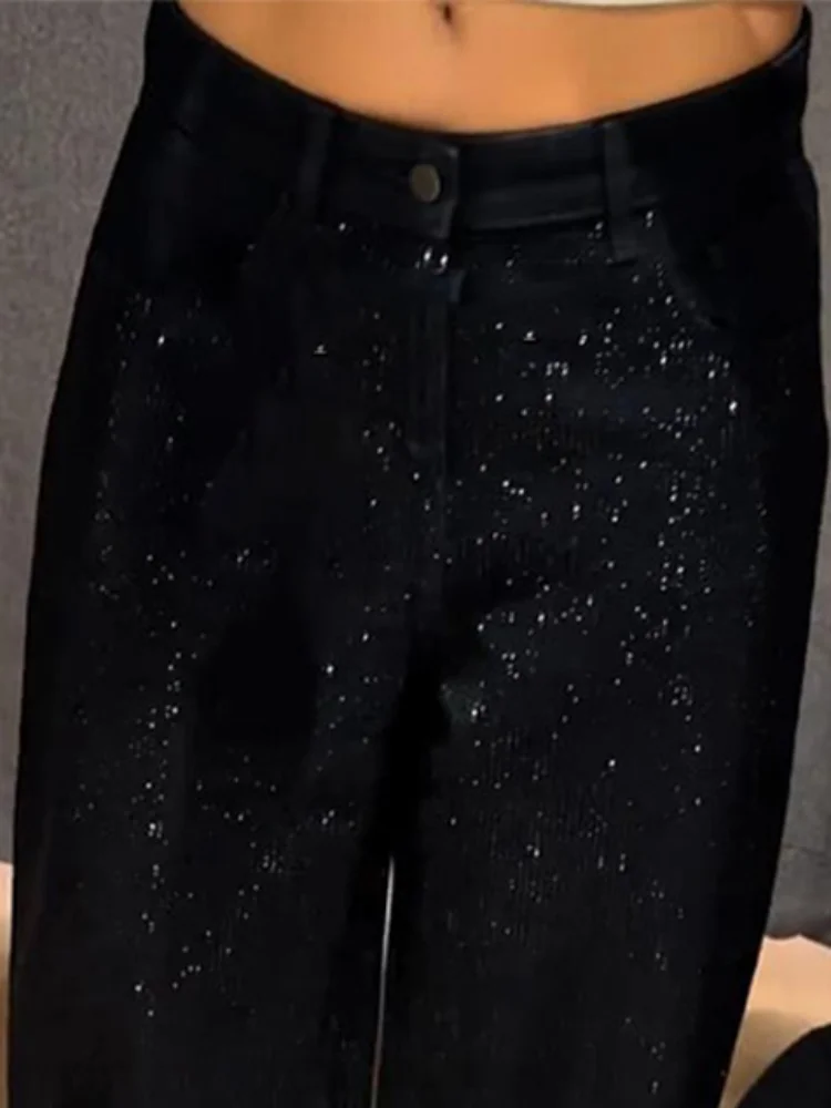 Pantalones vaqueros con lentejuelas brillantes para mujer Y2k Street, pantalones de pierna ancha holgados y brillantes de gran tamaño para mujer, pantalones vaqueros para primavera y verano 2025