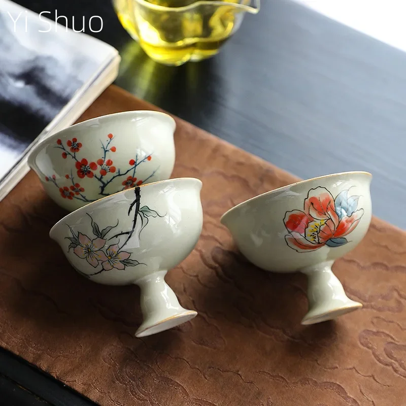 Hand Painted High Foot Master Cup Retro Chinese High Foot Tea Cup Single Tea Cup Household Kung Fu Tea Set Tea Cup Bowls Bowl