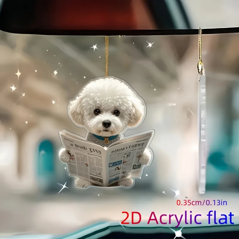 Adorable Modern White Bichon Holding Newspaper Acrylic Ornament Car Mirror Holiday Party Christmas Tree Home Backpack Decor