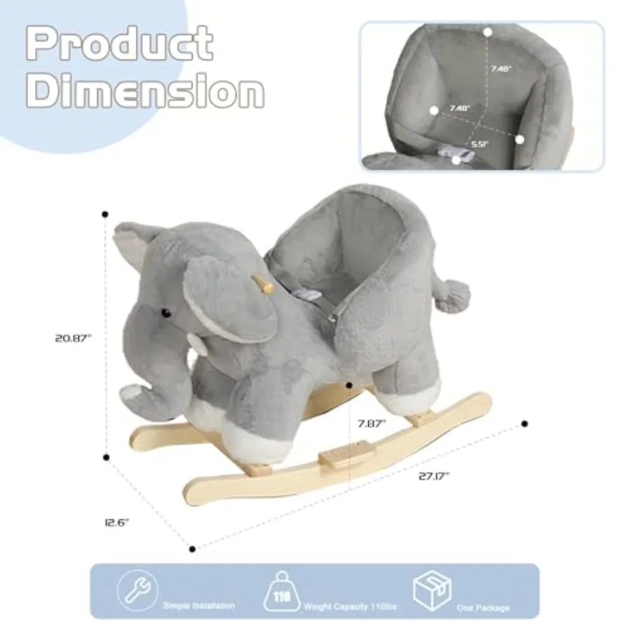 Elephant Rocking Horse with Lullaby, Hand Puppets and Safety Belt, Wooden Stuffed Animal Rocker for Ages 1-3, Boys and Girls, N