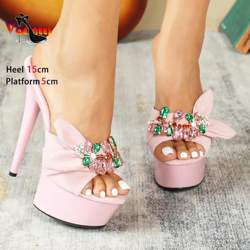 2024 Women Stiletto Slippers Nightclub Platform Slip-on Shoes Luxury Rhinestones Ladies Sandals Slides Summer Suede High Heels