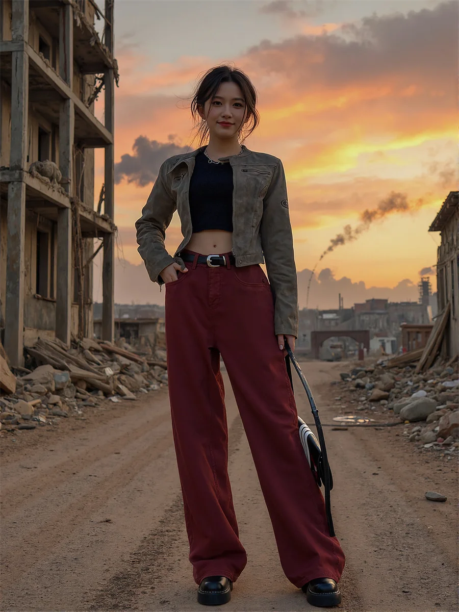 

Floor Wide Leg Red Jeans Women Panelled Splicing Colorblock Gradient Flares Unique Street Vintage Chic Modern Trendy Blue