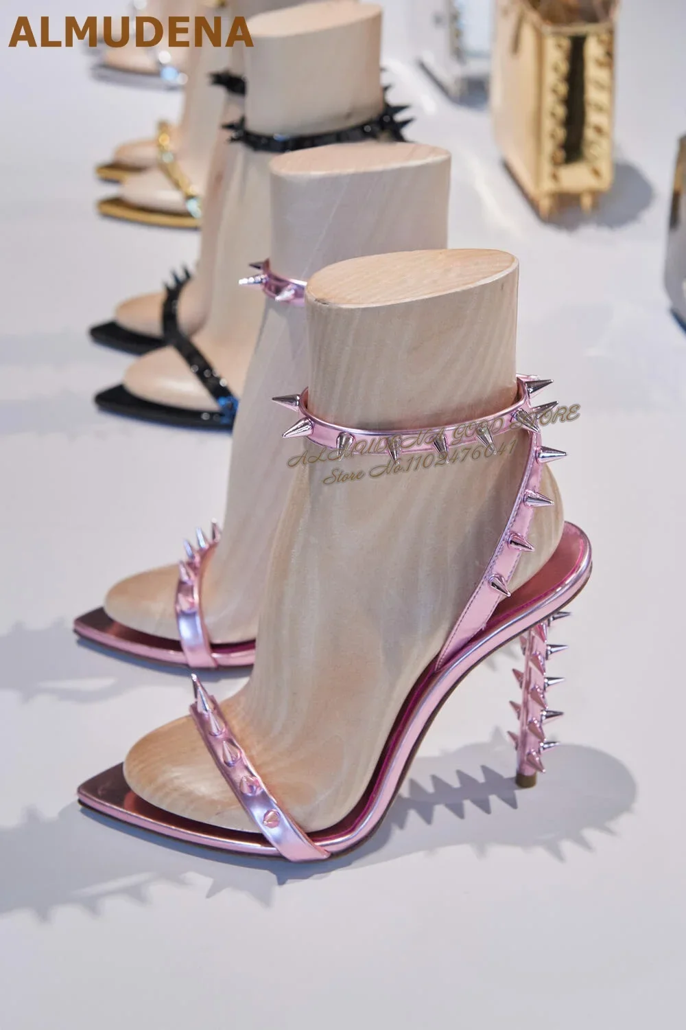 ALMUDENA Golden Metallic Rivets Thin High Heel Sandals Pointed Toe Buckle Strap Spikes Dress Shoes Single Band Elegant Footwear