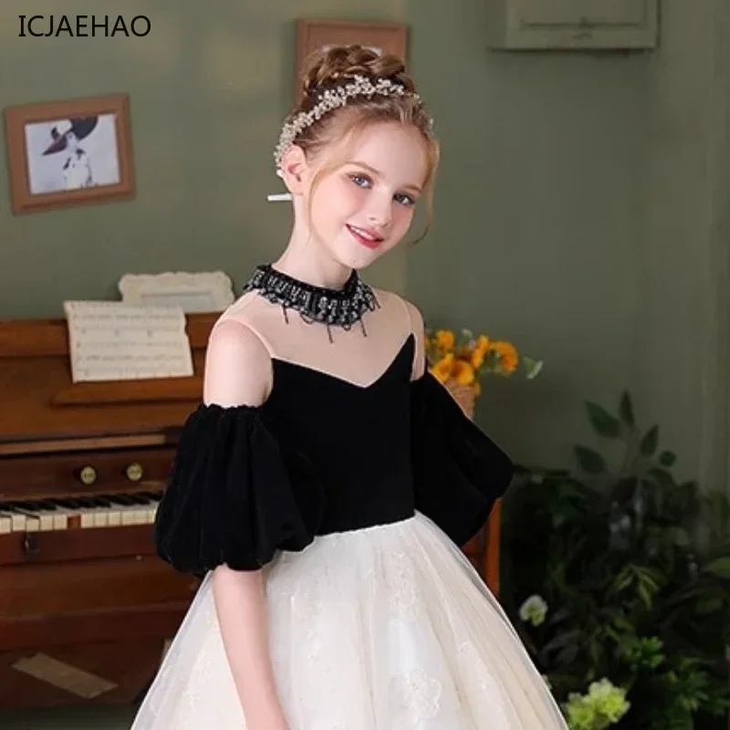 2025 Children's Princess Party Dress Clothing Hepburn Style Kids Costume Lace Host Girl's Off-Shoulder Clothes Dresses Vestidos