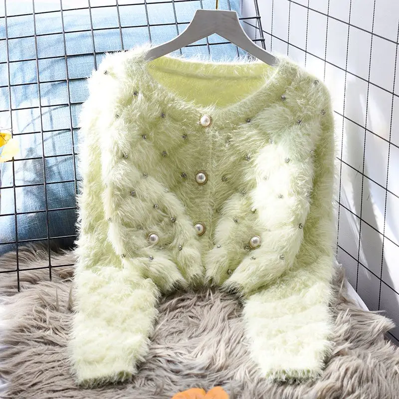 Women Imitation Mink Cashmere Diamonds Sweater Coat Loose Autumn Mohair Rhinestone Knitted Cardigan Fleece Knitwear Crop Tops