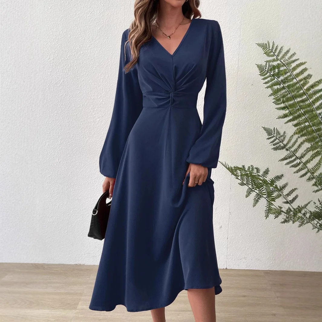 

Spring and Summer Fashion V-necked Lantern-style Long-Sleeved Skirt with Fringe - Elegant Mid-Length Dress