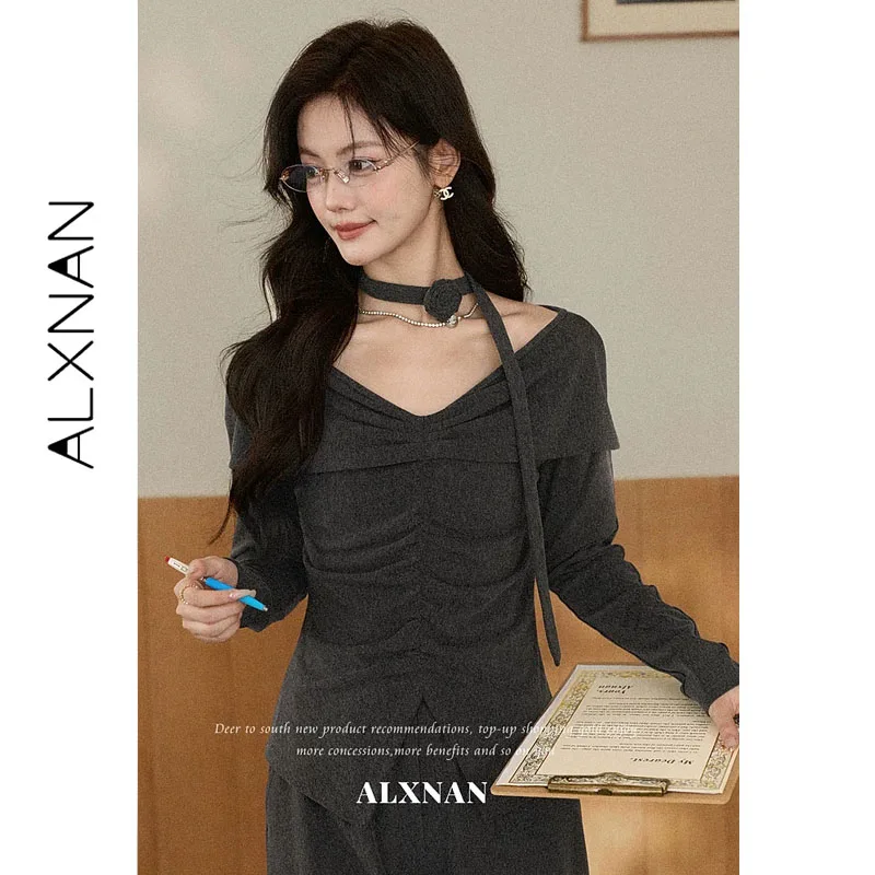 ALXNAN Grey T‑shirt Women Autumn New V‑neck Pleated Split Long Sleeve Pullover 2026 Elegant Fashion Casual Female Tops L67823