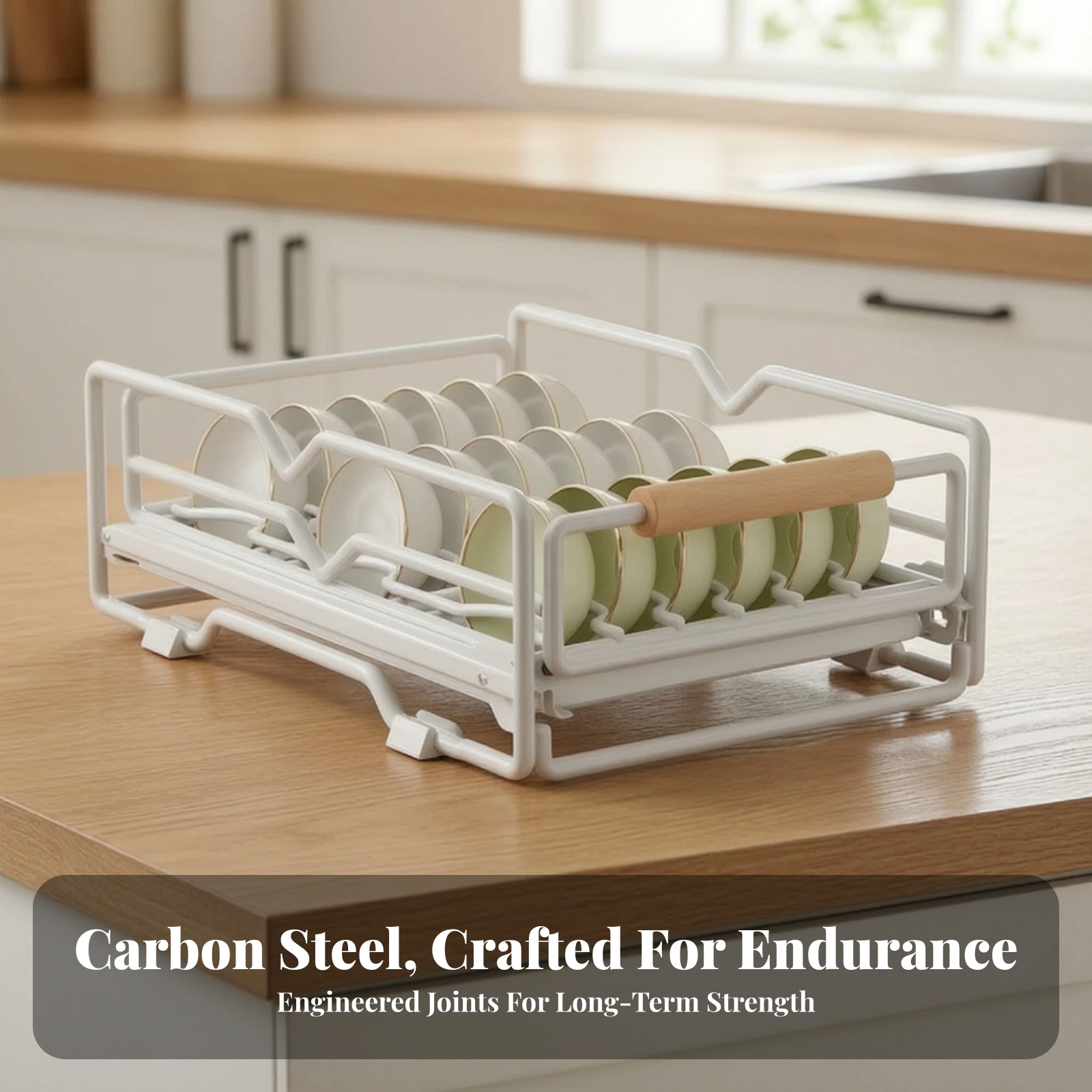 Dish Rack with Wooden Handle Easy-to-Clean Dish Drying Rack Cabinet Plate Organizer Minimalist Plate Organizer Multifunctional