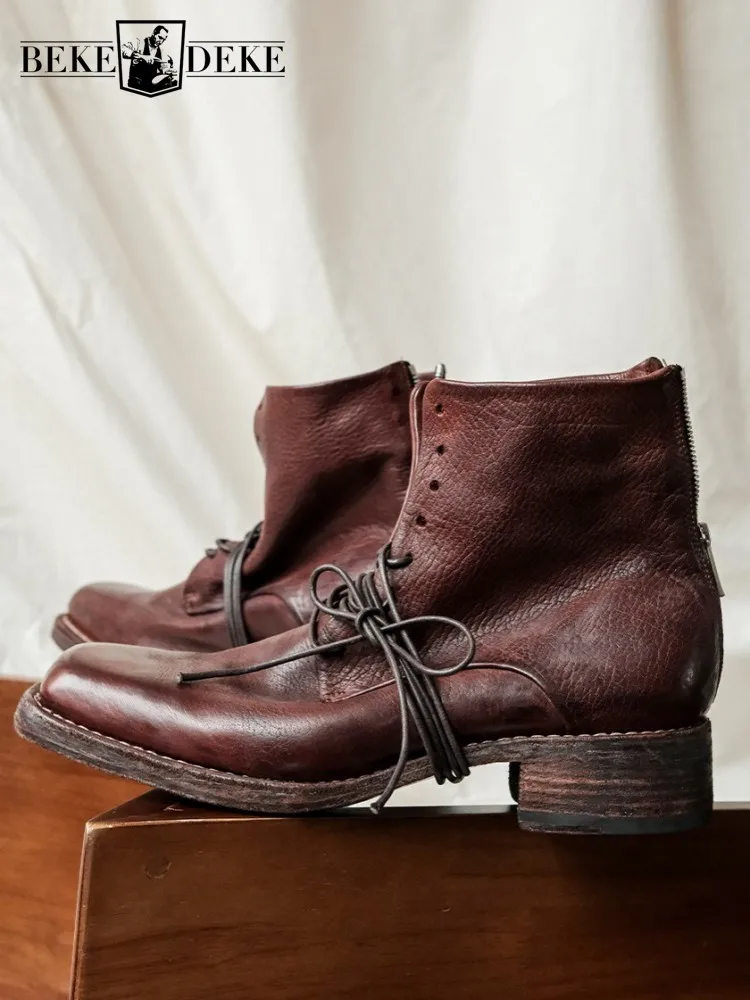 Retro Fashion Male Zipper Genuine Leather Height Increasing Boots Solid Color Cowhide Square Toe Cross Tied High Top Shoes