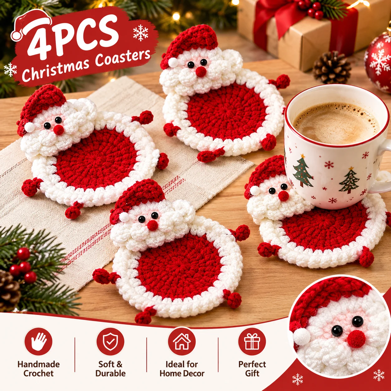 4/6/8PCS Christmas Santa Crochet Coasters, Handmade Holiday Mug Mats, Coaster Set for Coffee Table, Xmas Party Decor Gift
