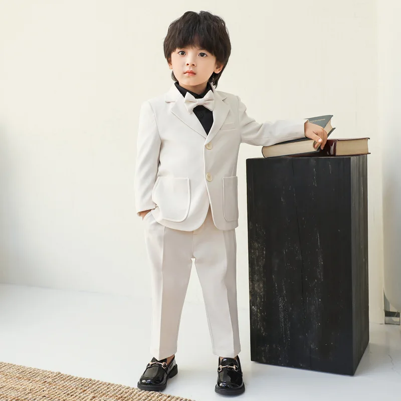 Summer Kids Beach Wedding Tuxedo Ivory Suit Set Jacket Suit Formal Child Boys Clothes Blazer+Vest+Shirt+Trousers+Accessory Boys