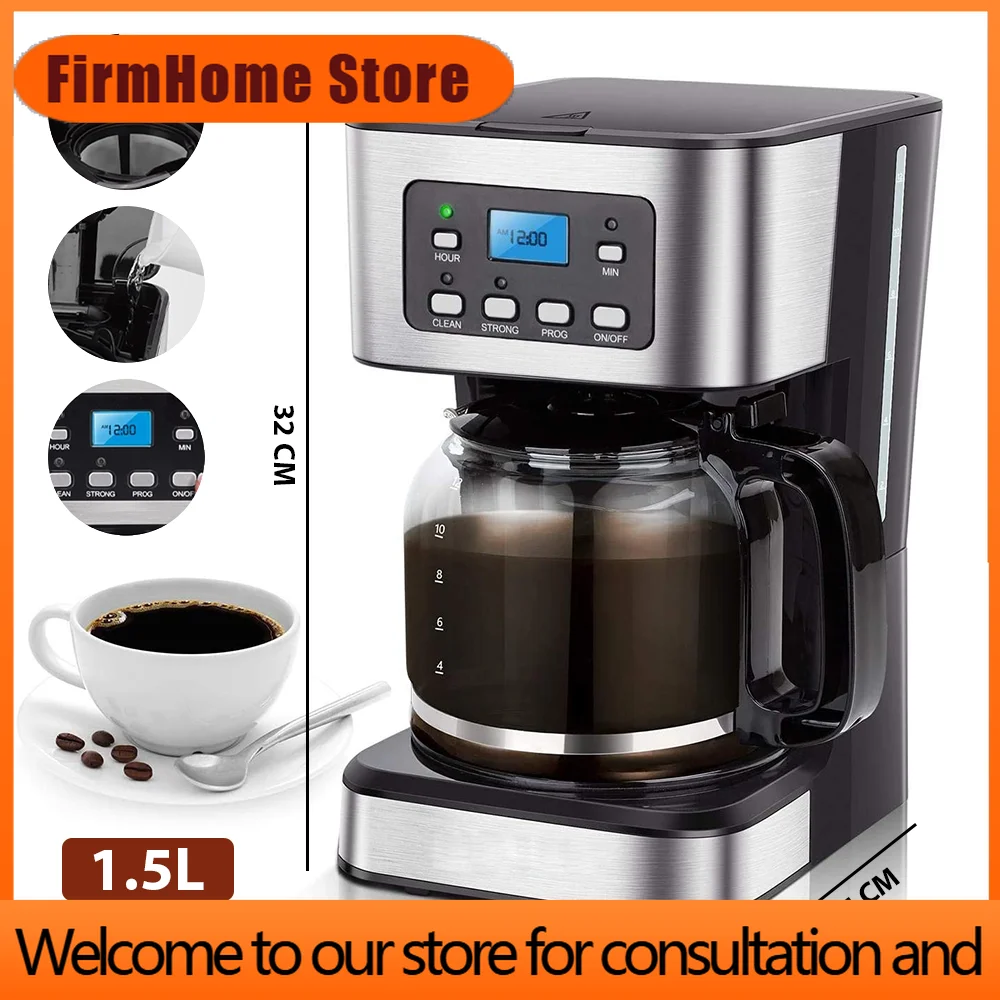 FirmHome StoreCoffee Maker With Timer, America Drip Coffee Machine, 900ml Glass Teapot, 950W 1.5L Filter Coffee Maker Anti-drip,