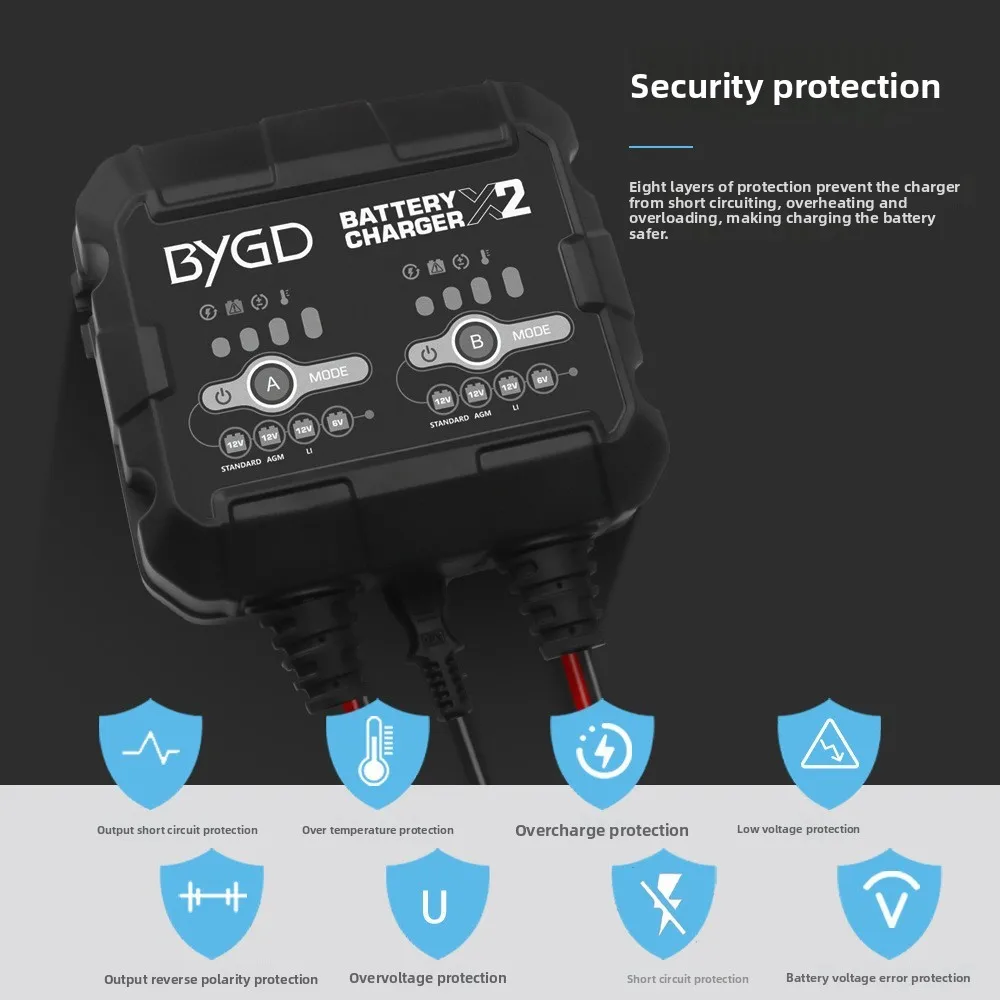 2A Dual-Channel Intelligent Battery Charger 6V/12V  IP65 Waterproof for Car & Motorcycle Lead-Acid & Lithium Batteries