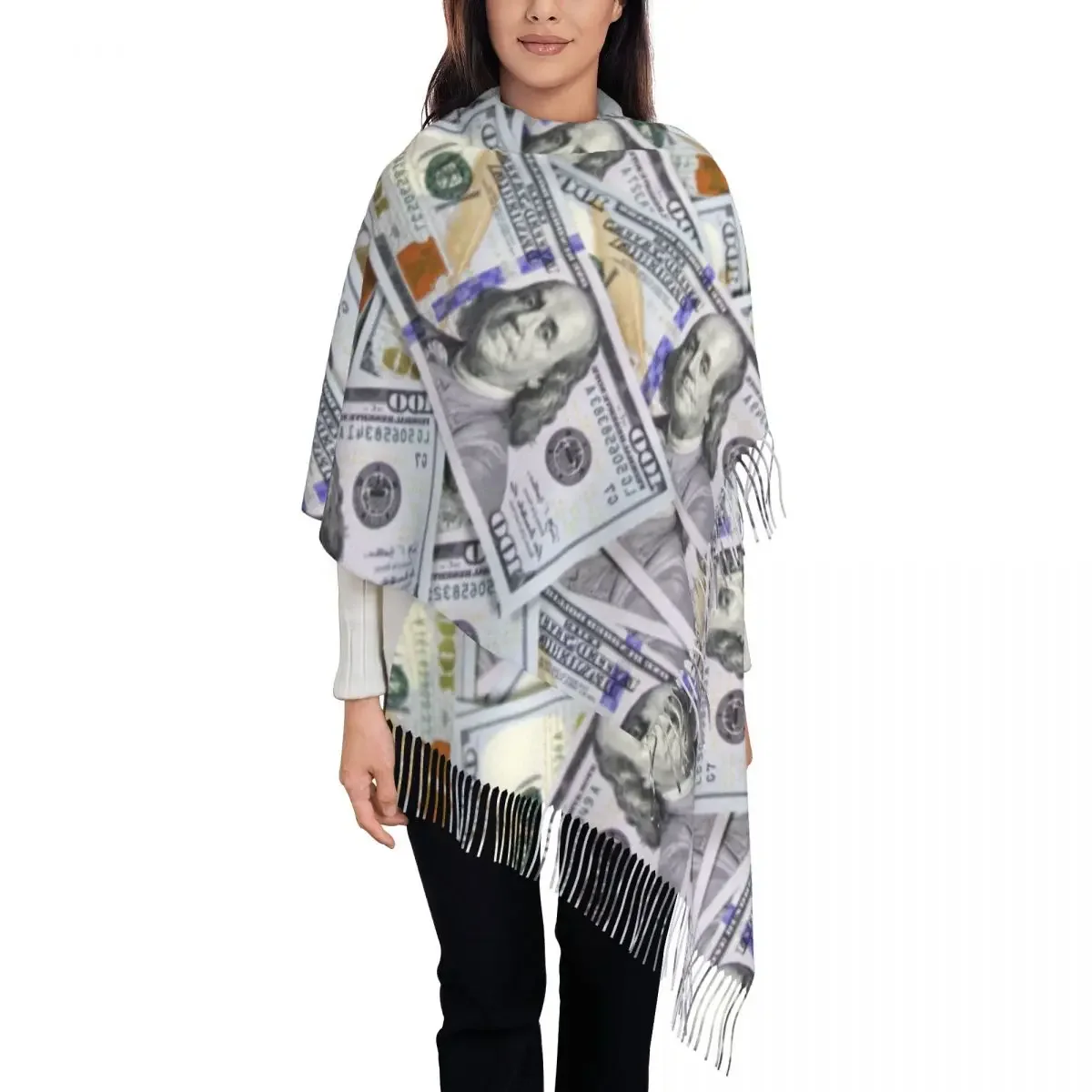 One Hundred Dollar Bills Tassel Scarf Women Soft Money Shawl Wrap Lady Winter Scarves