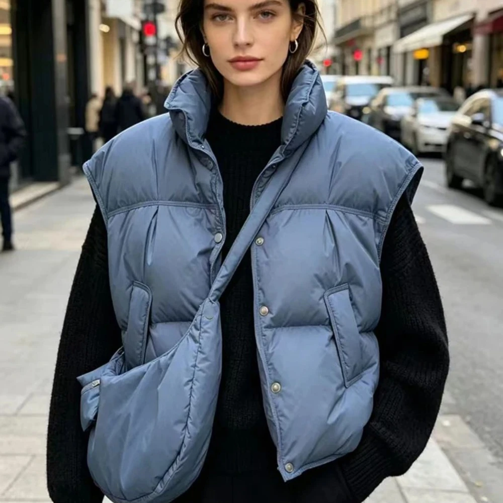 Women Loose Stand Collar White Duck Down Puffer Vest with Bag Winter Quilted Sleeveless Down Waistcoat Casual Warm Outerwear