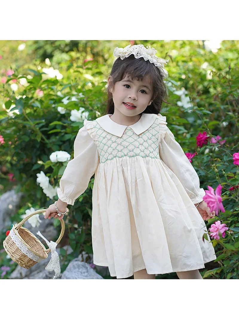 Spring 100% Cotton Smocking Hand Embroidery New Toddler Girl Dresses Baby Dress Kids Girls Casual Soft Girl Dress Clothes