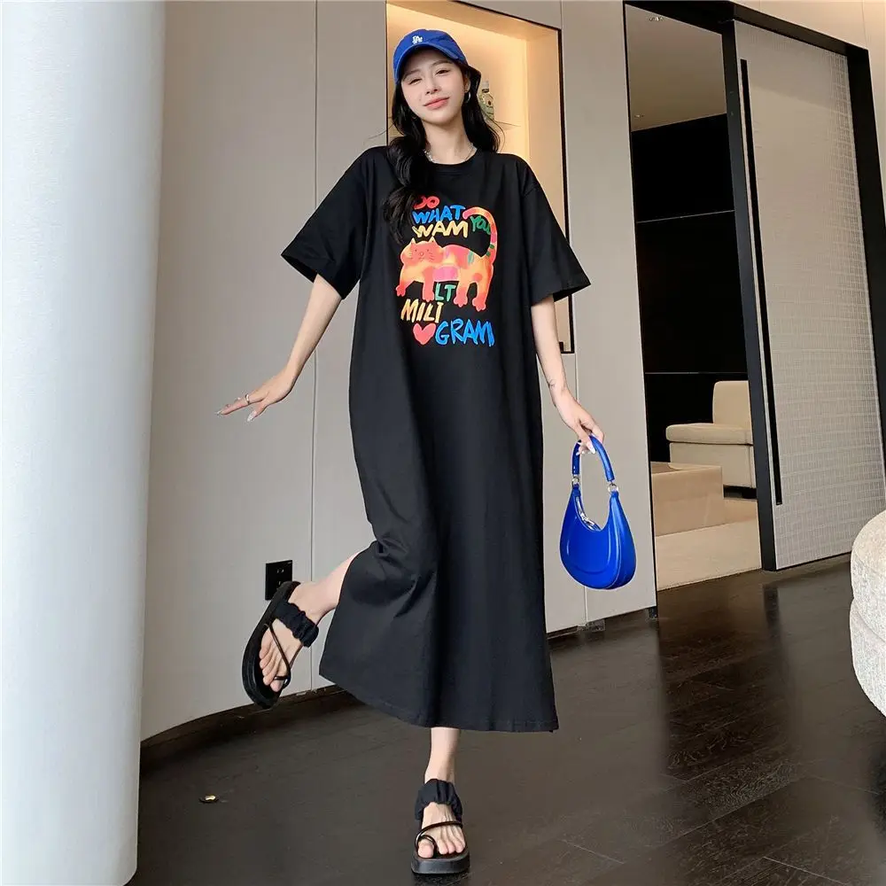 Loose Midi Printed T-Shirt Dress Women Summer New Korean Style Casual Short Sleeve Comfortable Polyester Straight Cut Dress