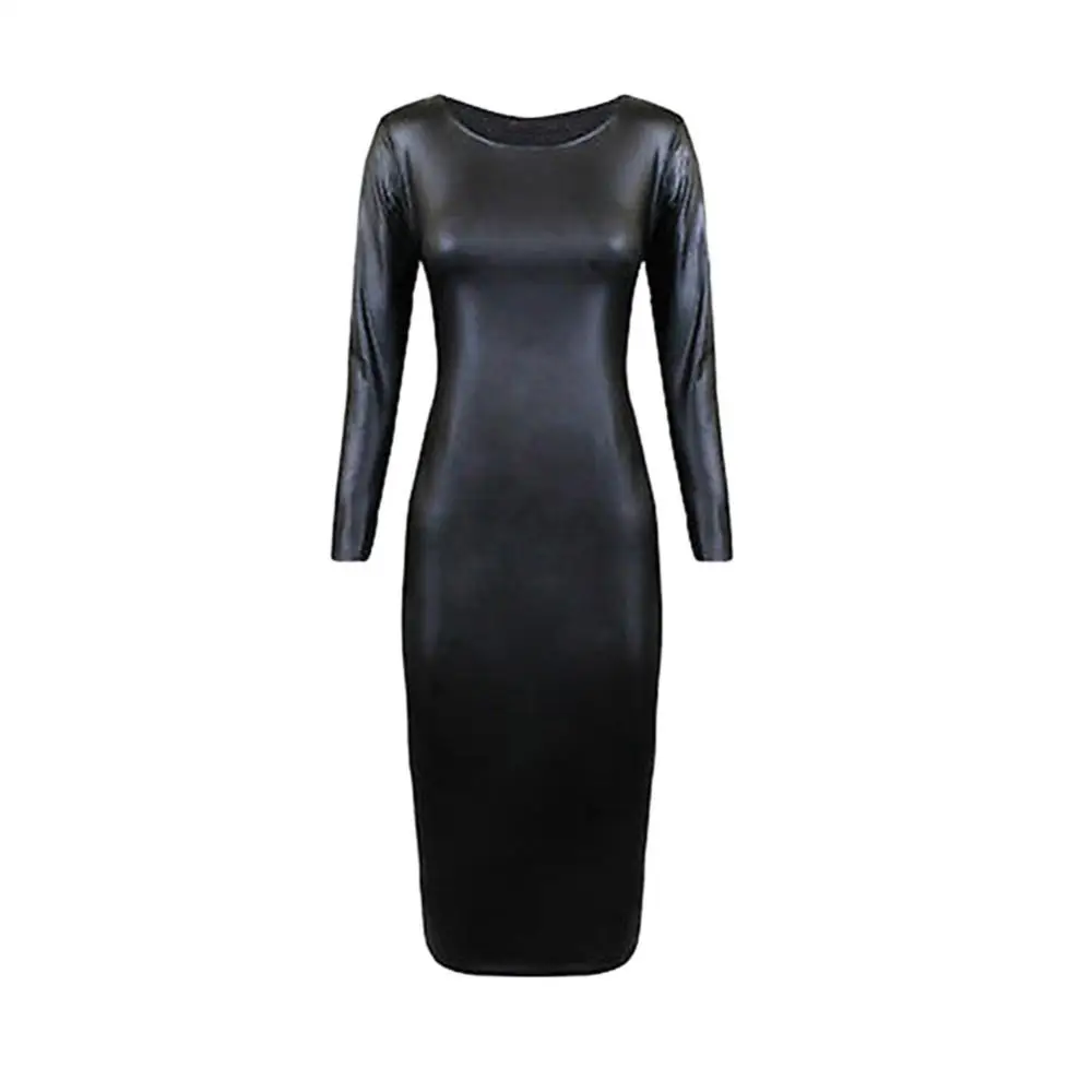 2021 New Night Club Sexy Women Long Sleeve Crew Neck Faux Leather Bodycon Midi Dress