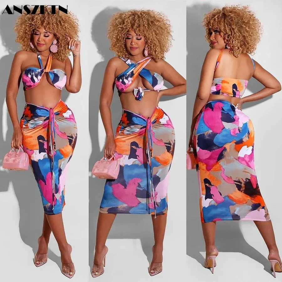 ANSZKTN Summer Elastic Paint Hollow-Out Band Vest + Drape Tight - Fitting Skirt New Sexy Suit For 2021