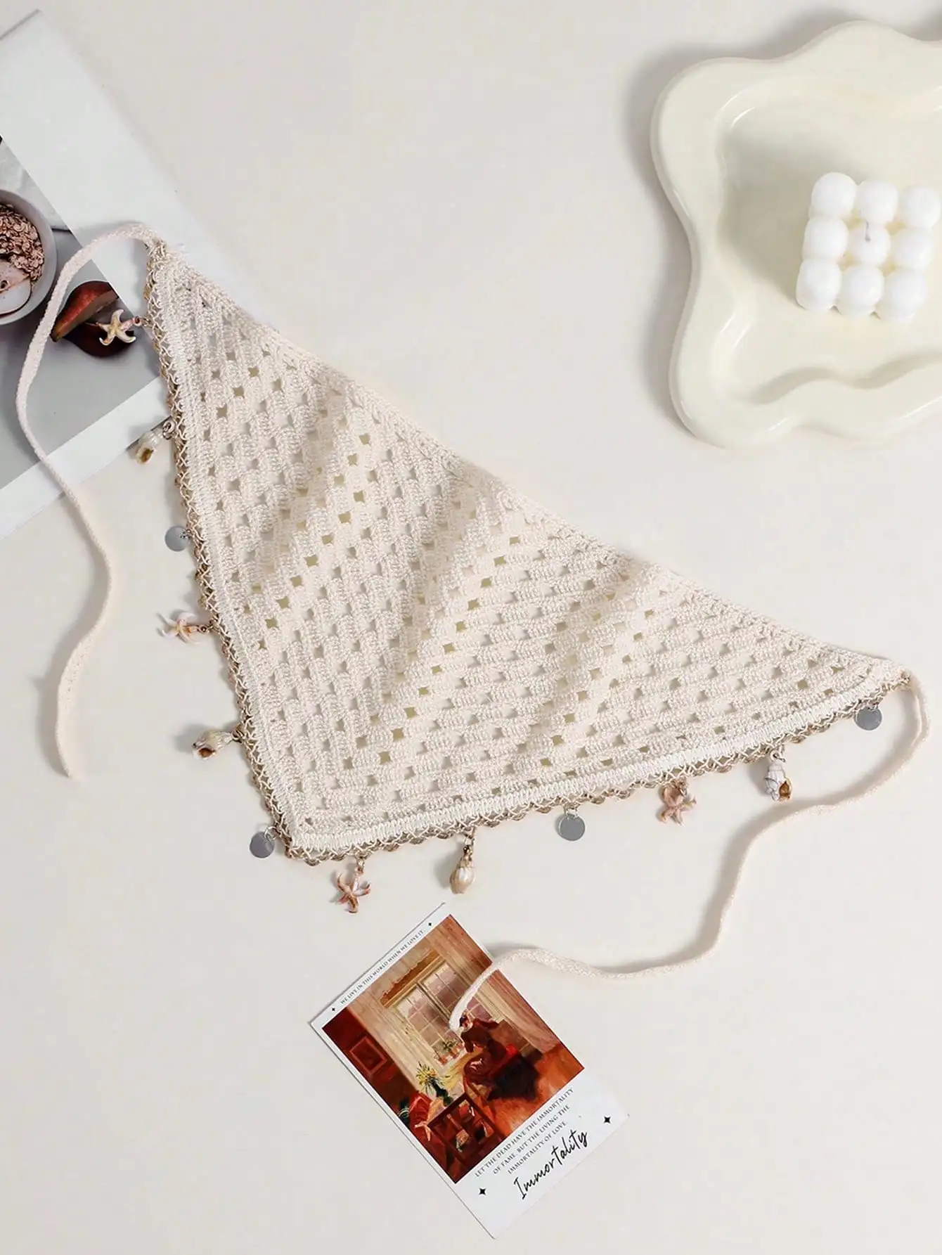 

Boho Knitted Hollow Headband With Seashell Tassels For Women Beach Vacation Hair Accessory