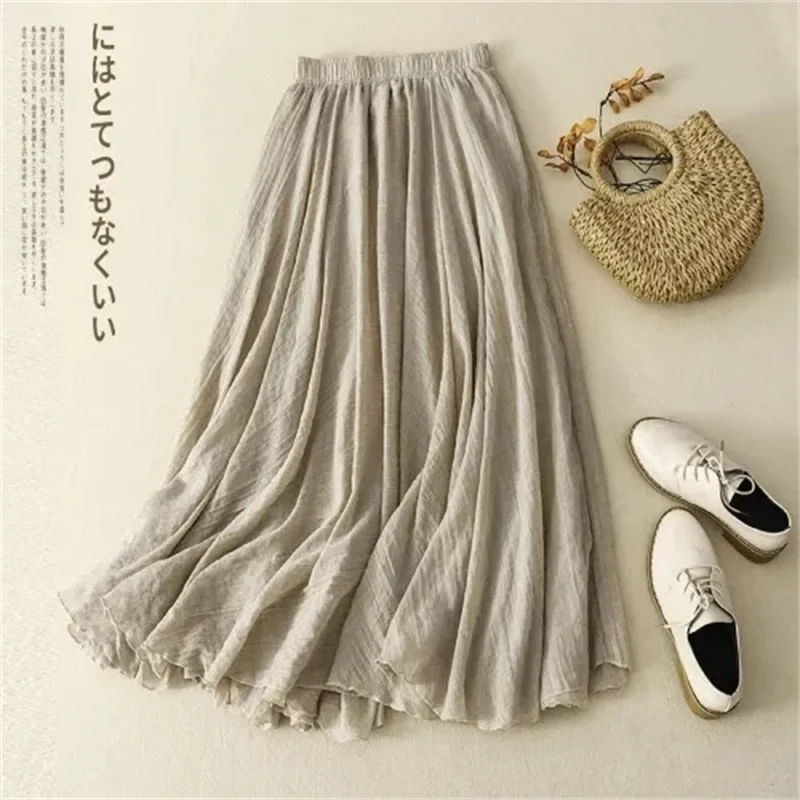 2025 Slim Cotton Leaf Edge Double Layer Half Skirt Loose Waist A- shaped Big Swing Skirt Women Casual Style Long
