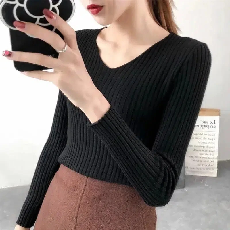 Pullover Knitted V-Neck Solid Casual Basic Soft Slim Women's Sweater Korean Fashion Jumpers Long Sleeve Female Sweaters Tops