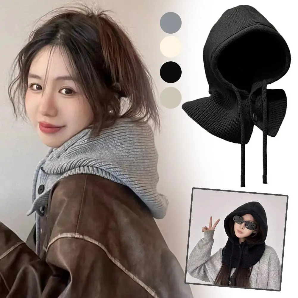 Модные зимние шапки, комплект шарфов, шерстяные вязаные шапки с капюшоном, Балаклава, теплый шарф, шаль, готический пуловер, шапка, шапочки, капот