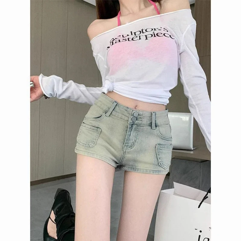 Hot Girl Multi-pocket Tight Denim Shorts Women's Hot Small Wide-leg Pants