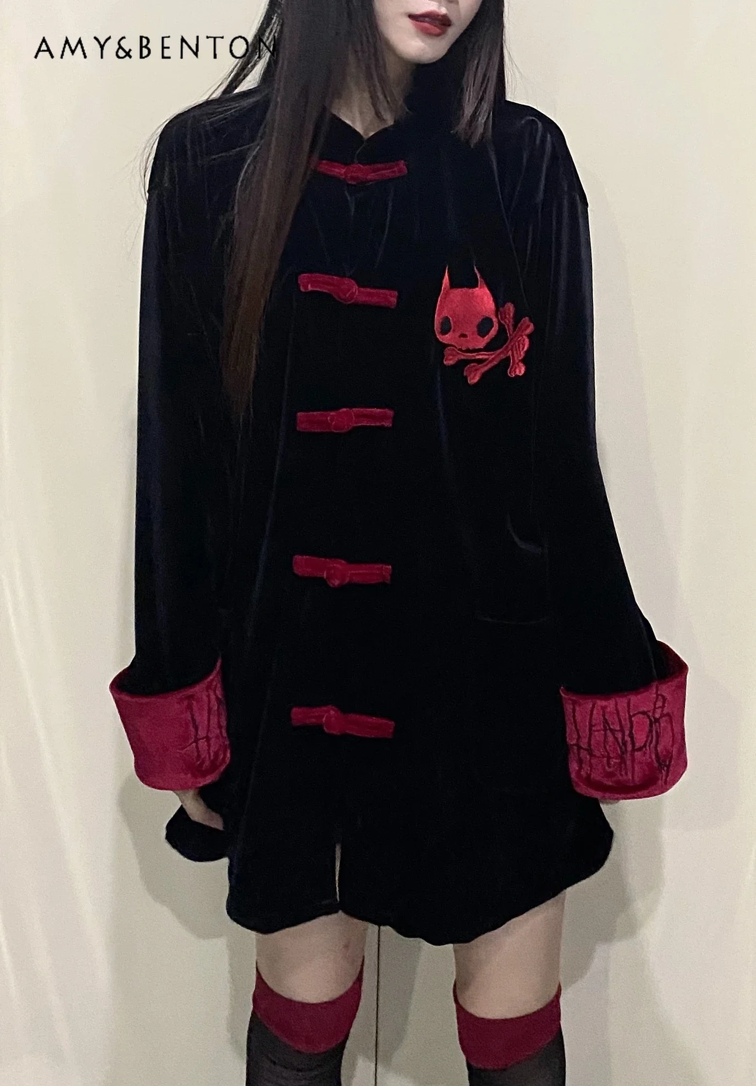 Original New Chinese Style Punk Velvet Coat Women Harajuku Embroidered Y2K Goth Soft Loose Jackets Autumn New Couple\'s Clothes