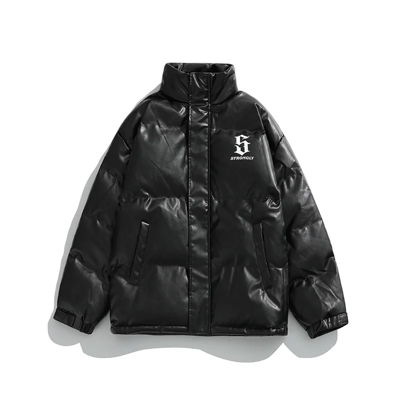 Men's Fashion Brand PU Leather Cotton Padded Jacket Coat Women 2022 Winter New Style Couple American Printed Cotton Coat Women