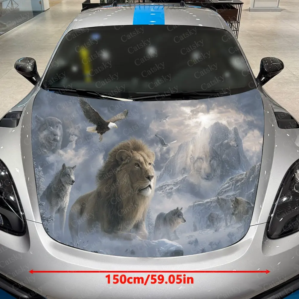 Frost Plains Lion Lead Car Vinyl Wrap, PVC Waterproof Car Hood Sticker, Self-Adhesive Scratch-Resistant Stickers