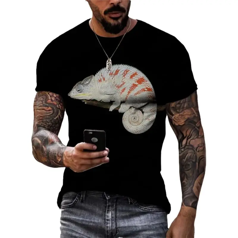 Summer Men 3d Printed Chameleon Graphic T-Shirt Fashion Casual Funny Hip Hop Fun Street Personality O Collar Short Sleeve Top